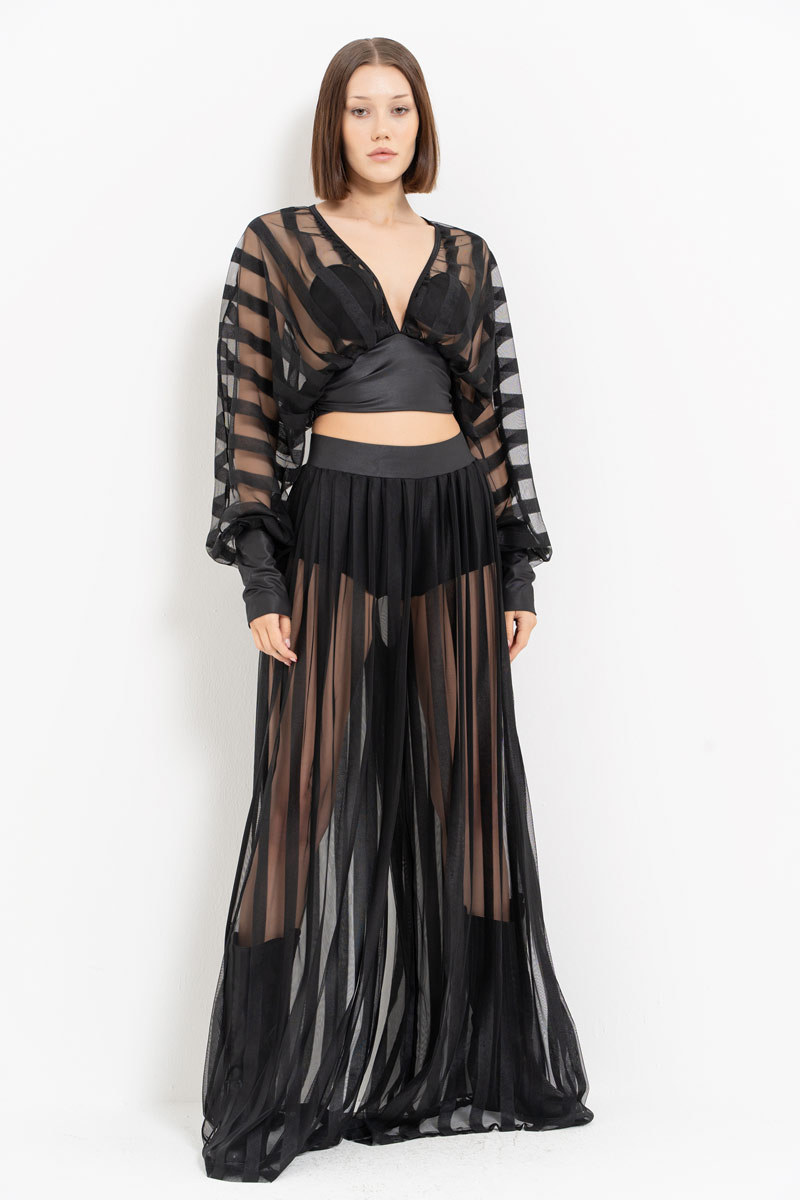 Wholesale Sheer Blouse Wide Leg Black Set