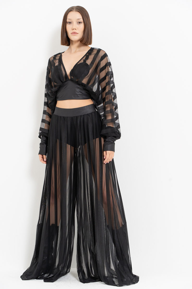 Wholesale Sheer Blouse Wide Leg Black Set