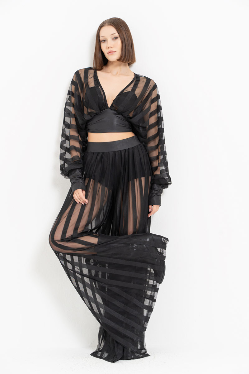 Wholesale Sheer Blouse Wide Leg Black Set