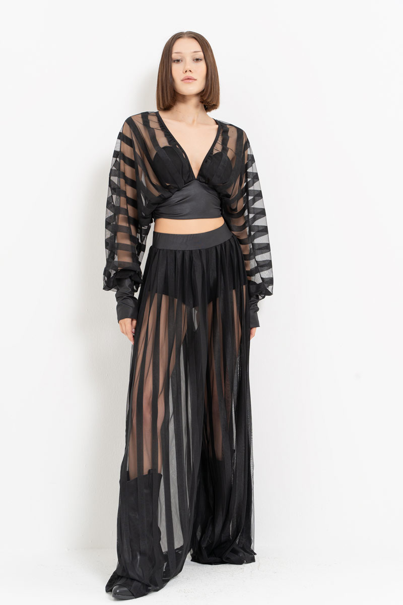 Wholesale Sheer Blouse Wide Leg Black Set