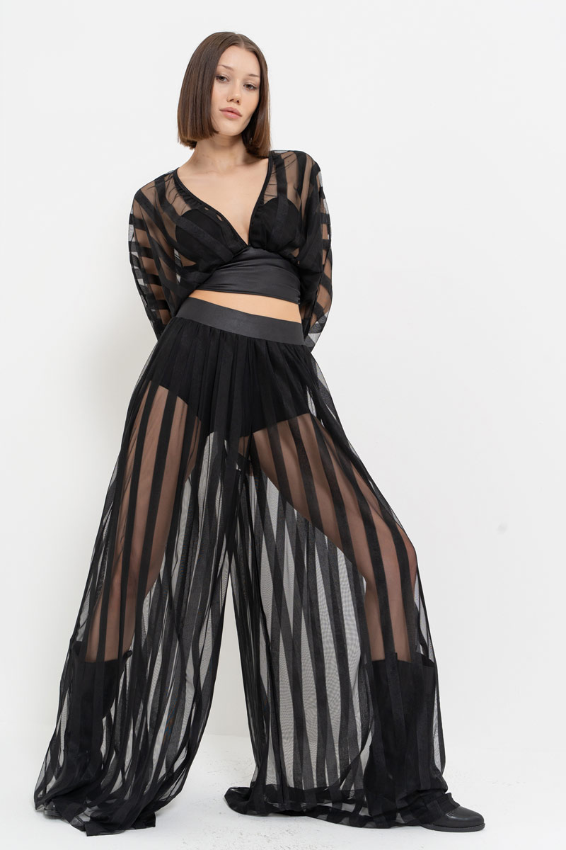 Wholesale Sheer Blouse Wide Leg Black Set