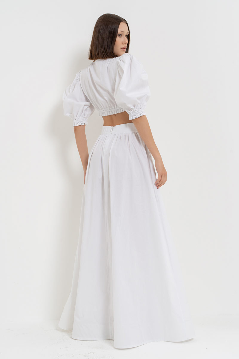 Offwhite Elastic-Waistband Poplin Maxi Skirt with Pockets