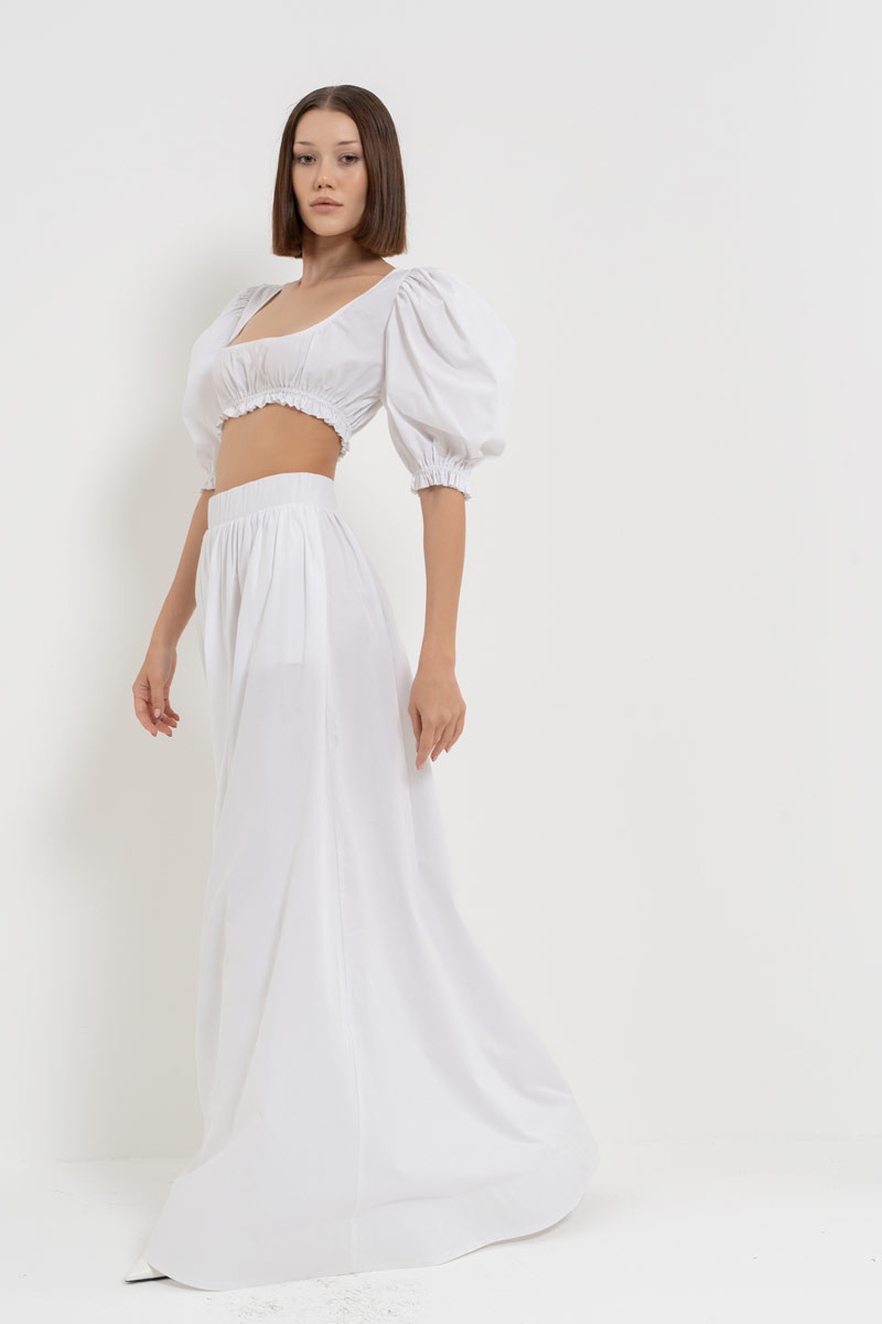 Offwhite Elastic-Waistband Poplin Maxi Skirt with Pockets