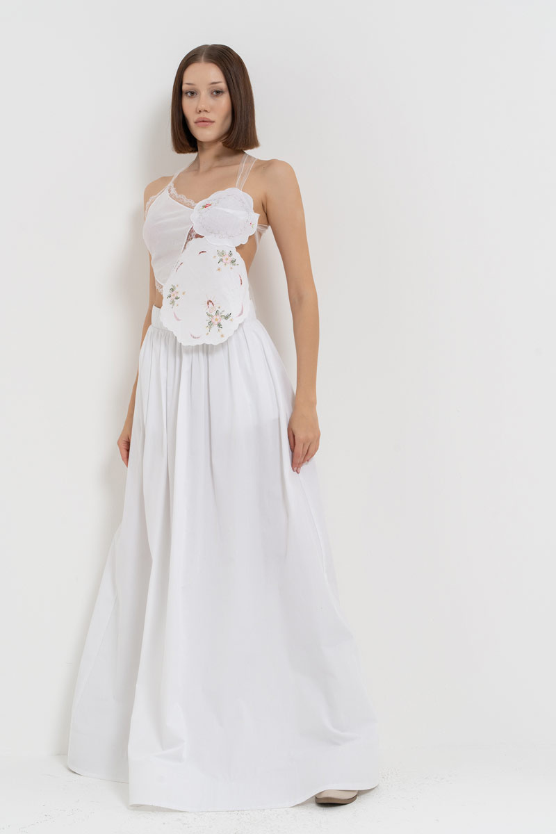 Offwhite Elastic-Waistband Poplin Maxi Skirt with Pockets