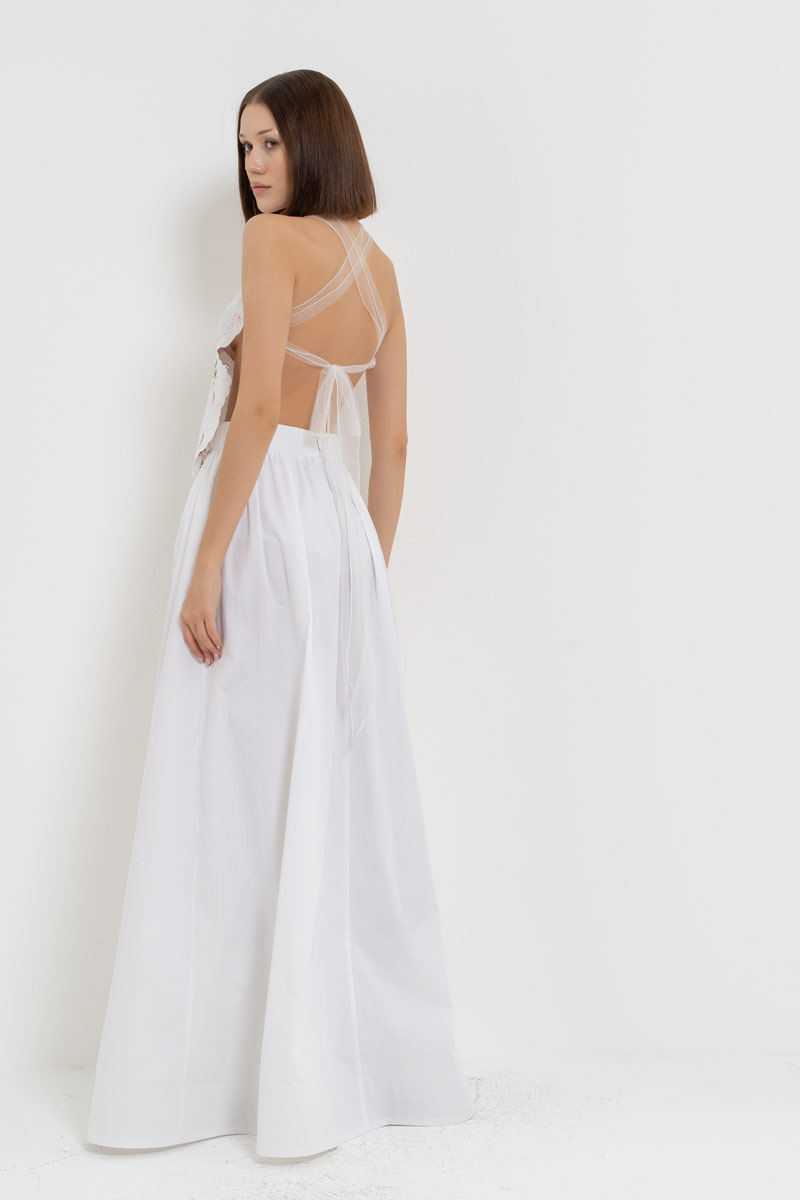 Offwhite Elastic-Waistband Poplin Maxi Skirt with Pockets