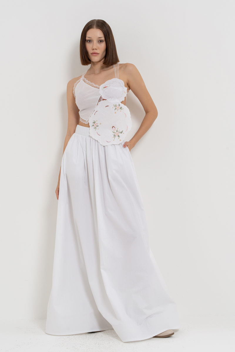 Offwhite Elastic-Waistband Poplin Maxi Skirt with Pockets