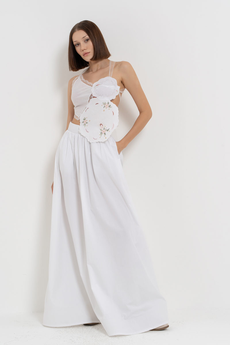 Offwhite Elastic-Waistband Poplin Maxi Skirt with Pockets