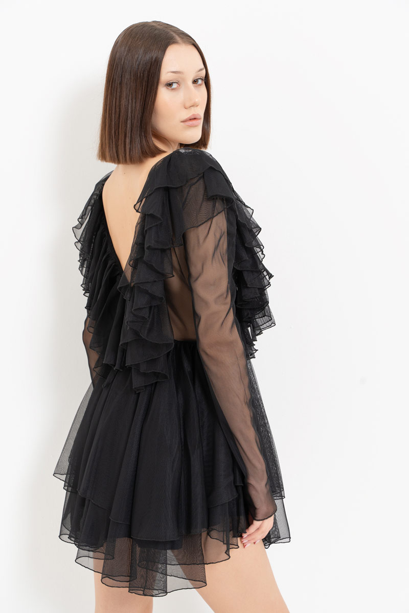 Wholesale V neck Ruffle Black Mini Tulle Dress