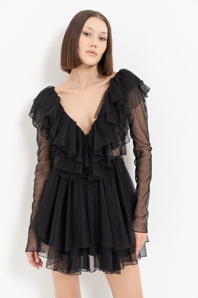V neck Ruffle Black Mini Tulle Dress