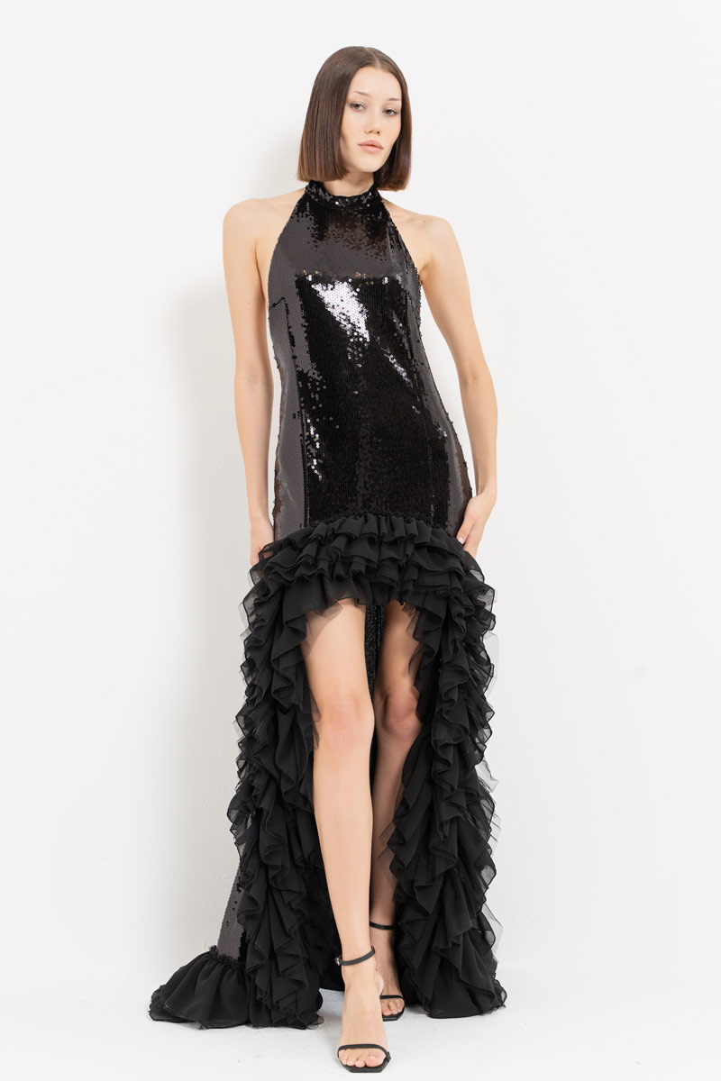 Black Ruffled Chiffon-Trim Sequin Maxi Dress