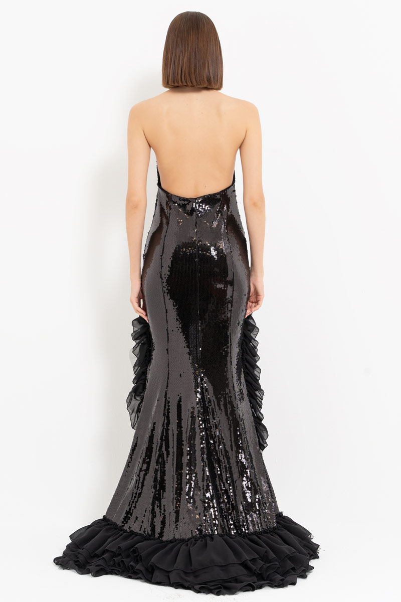 Black Ruffled Chiffon-Trim Sequin Maxi Dress