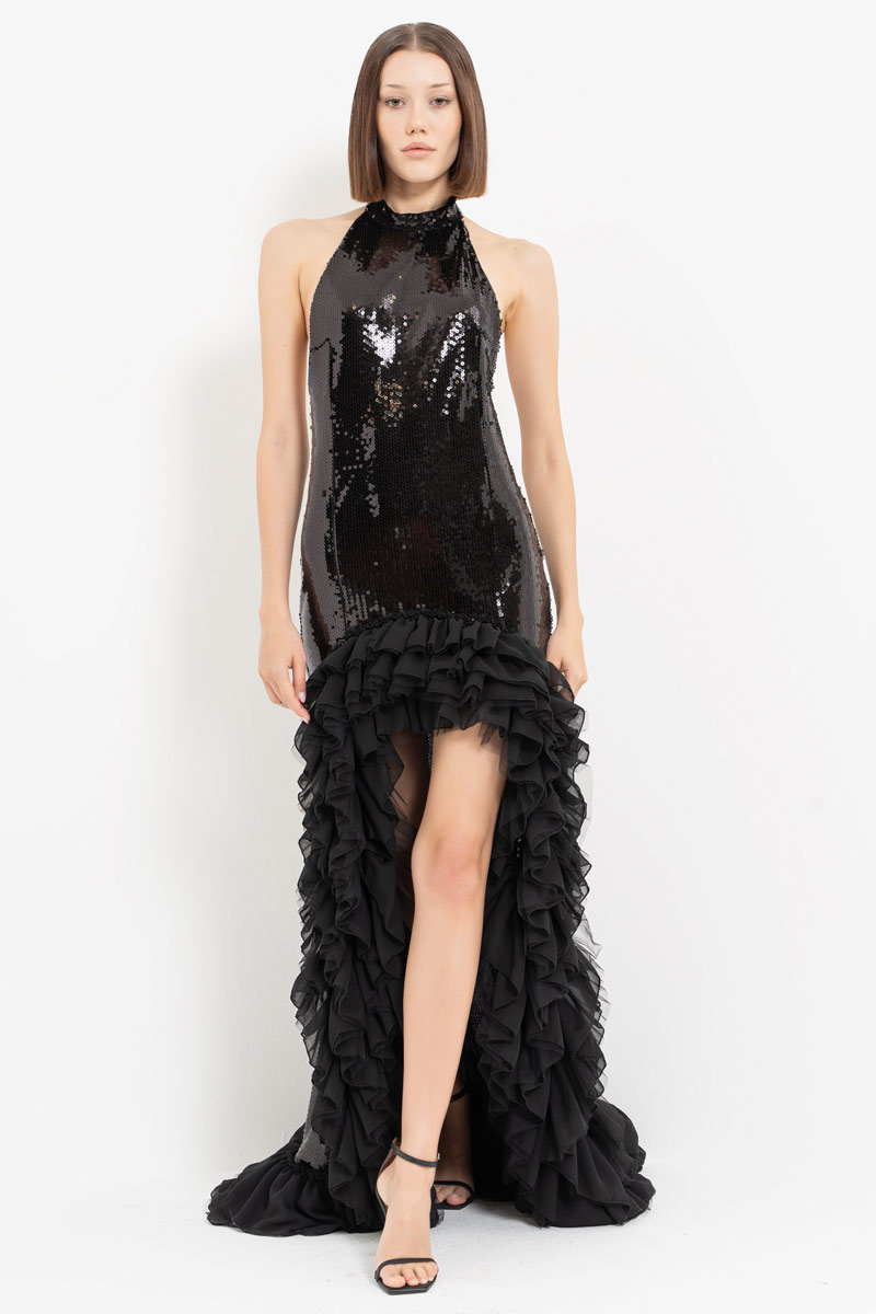 Black Ruffled Chiffon-Trim Sequin Maxi Dress