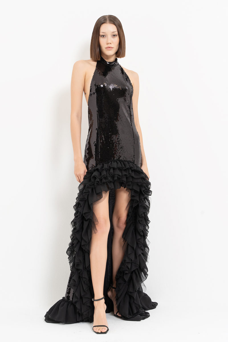 Black Ruffled Chiffon-Trim Sequin Maxi Dress