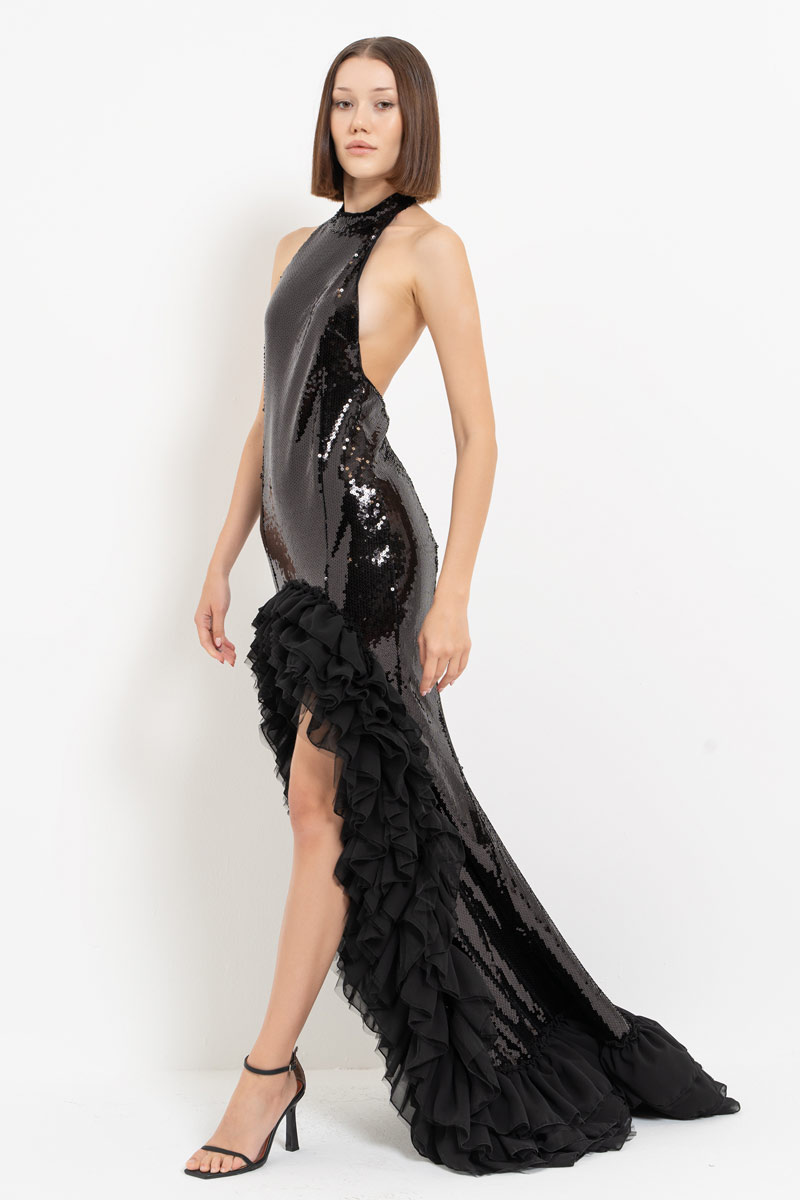 Black Ruffled Chiffon-Trim Sequin Maxi Dress