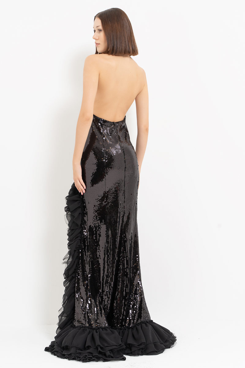 Black Ruffled Chiffon-Trim Sequin Maxi Dress