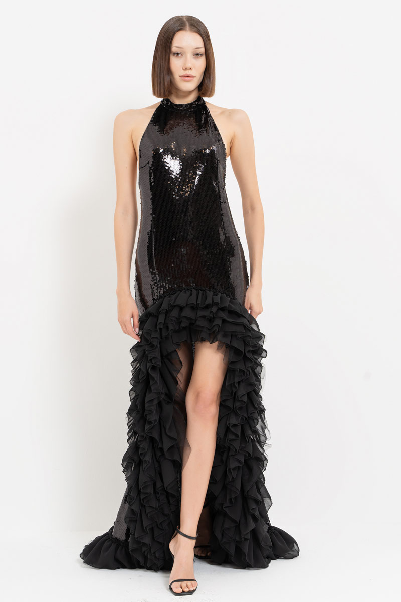 Black Ruffled Chiffon-Trim Sequin Maxi Dress