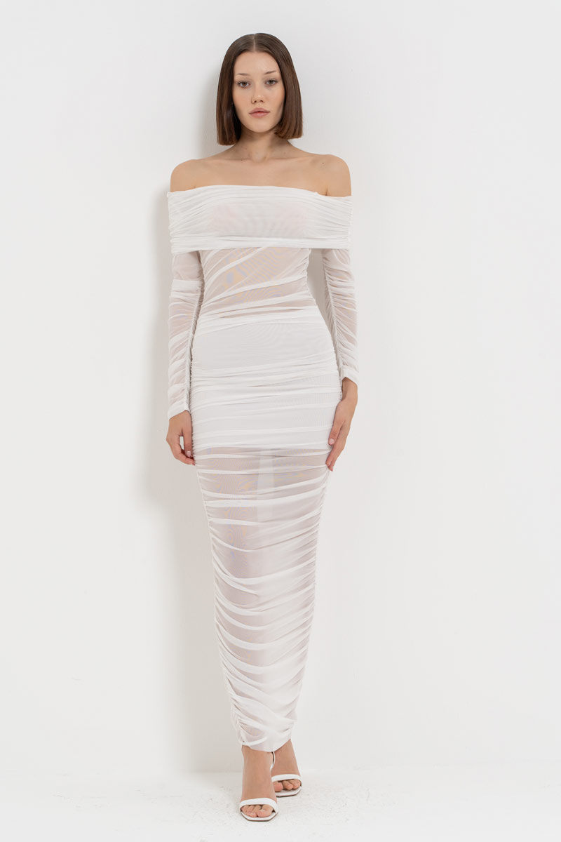 Offwhite One-Shoulder Ruched Mesh Dress