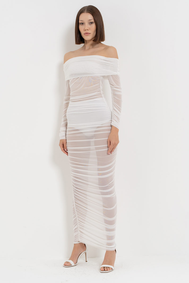 Wholesale Offwhite One-Shoulder Ruched Mesh Dress