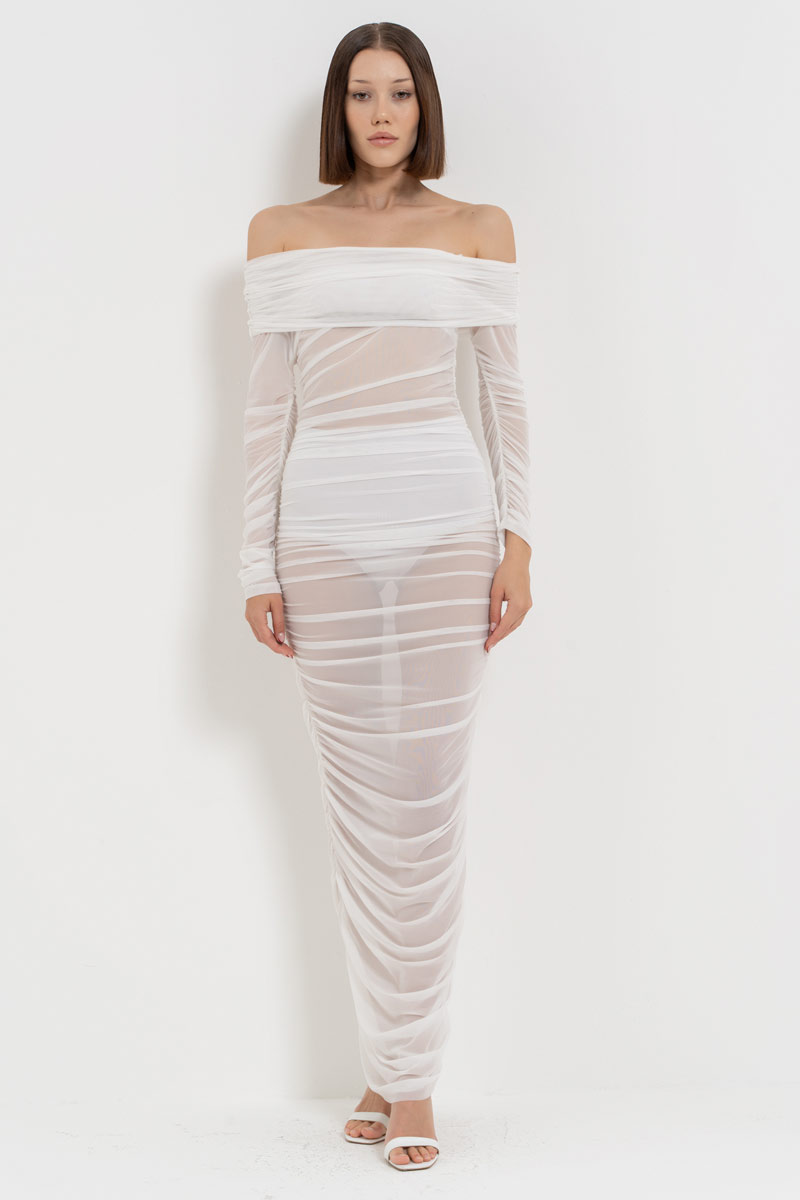 Wholesale Offwhite One-Shoulder Ruched Mesh Dress