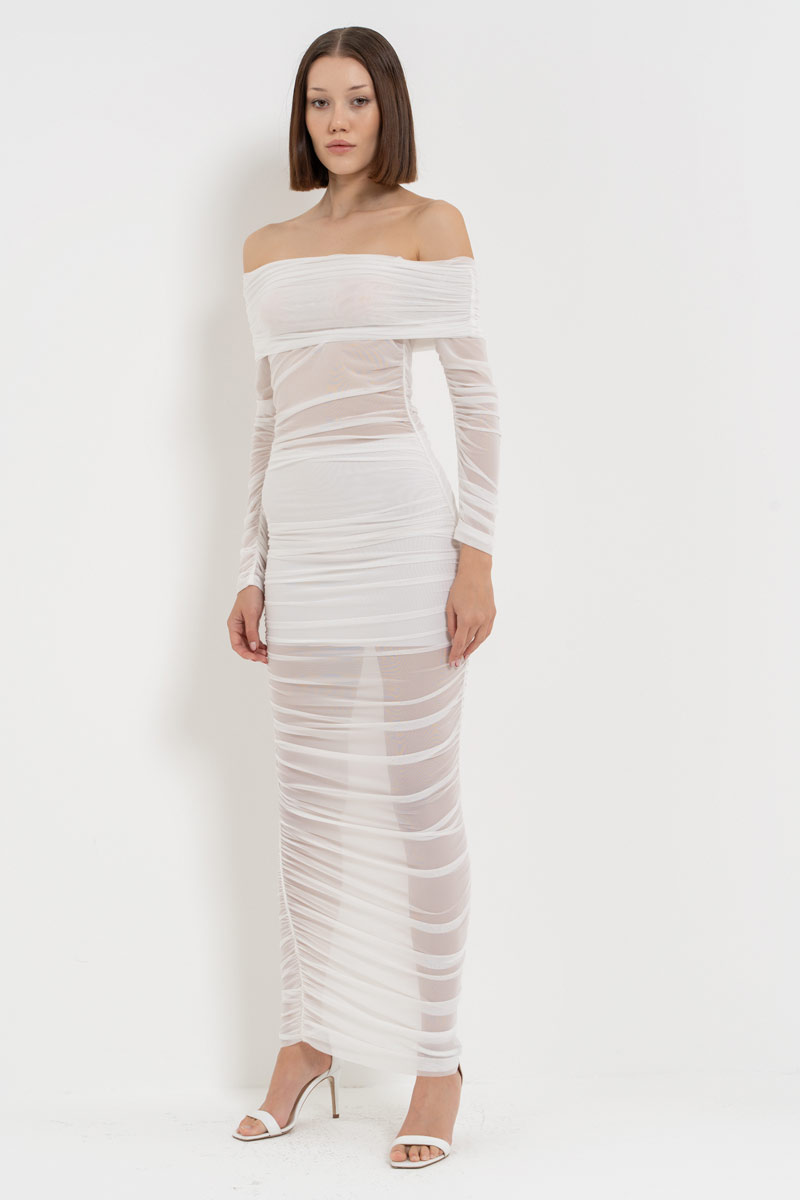 Offwhite One-Shoulder Ruched Mesh Dress