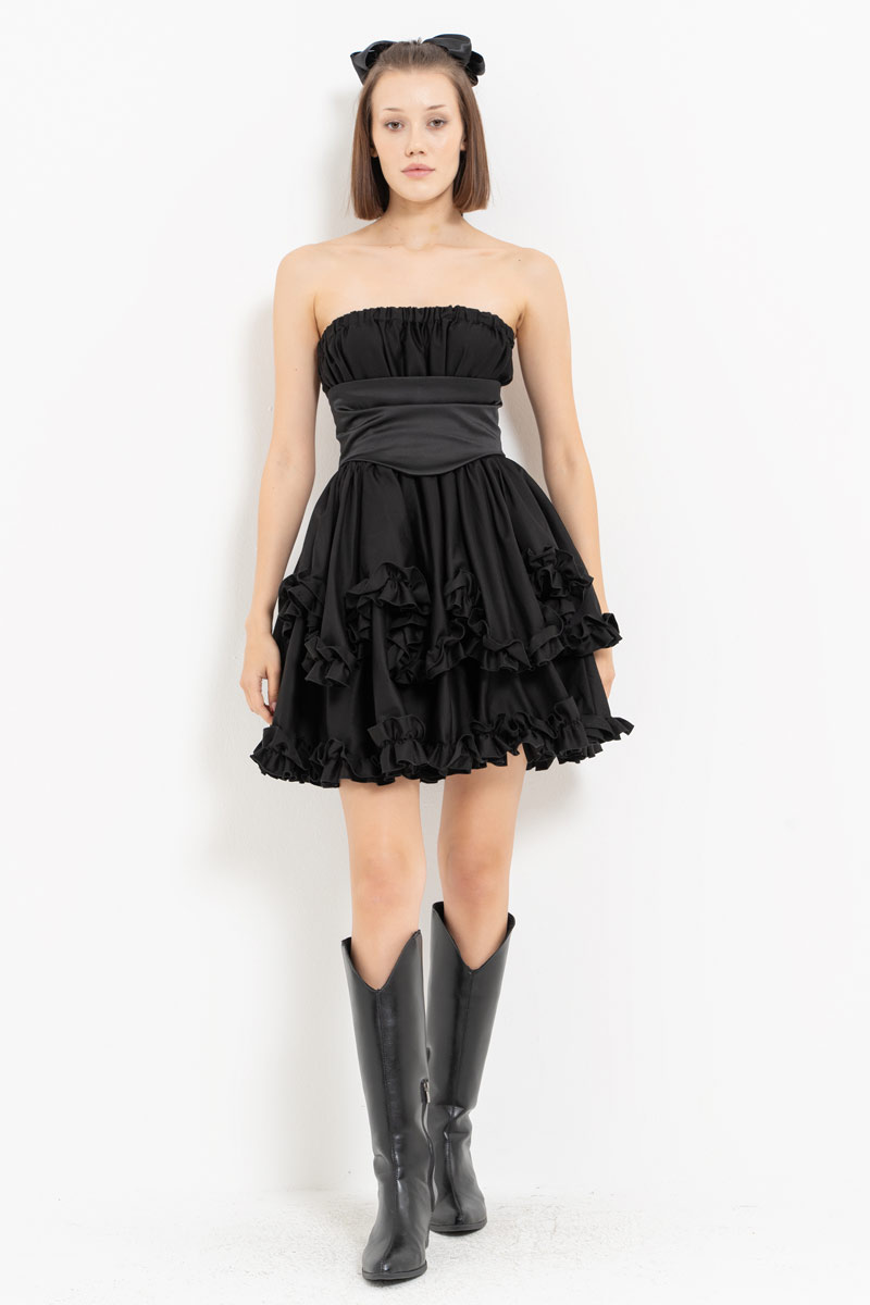 Black Corset-Accent Ruffle-Trim Tube Dress