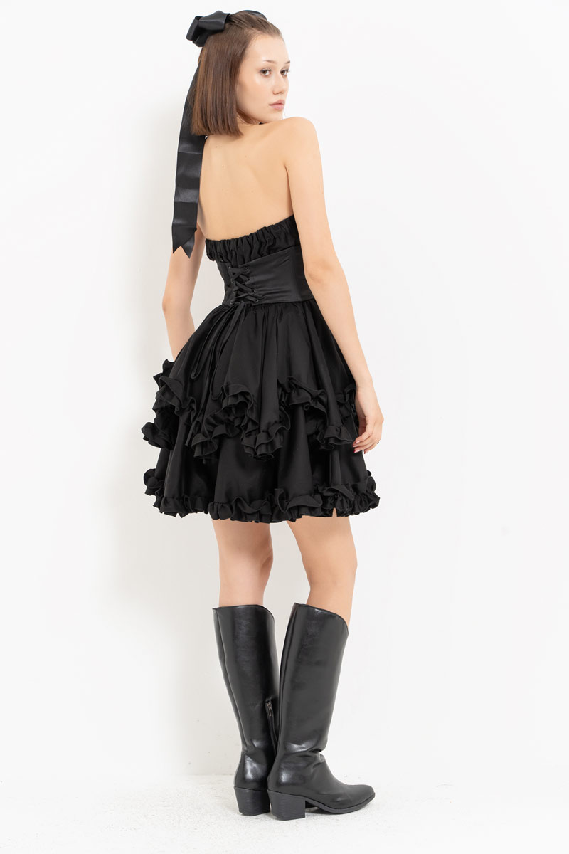 Black Corset-Accent Ruffle-Trim Tube Dress