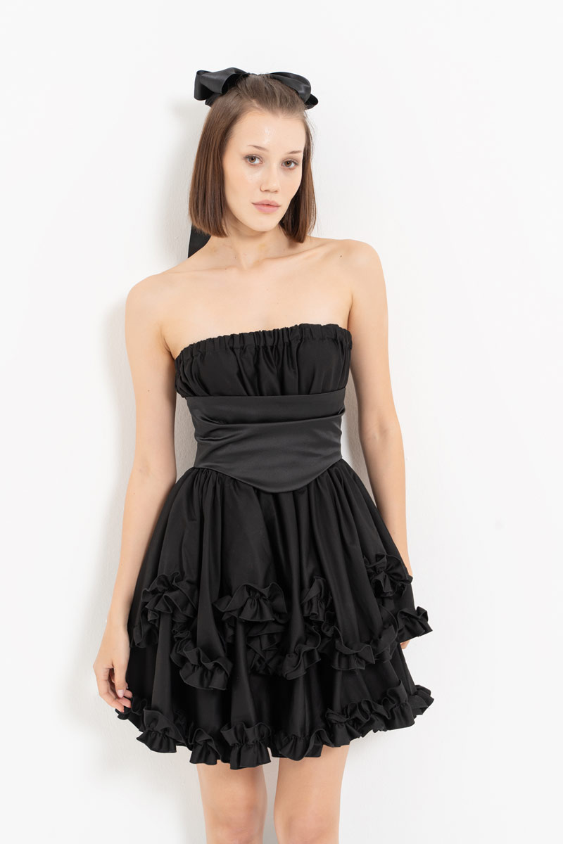 Black Corset-Accent Ruffle-Trim Tube Dress