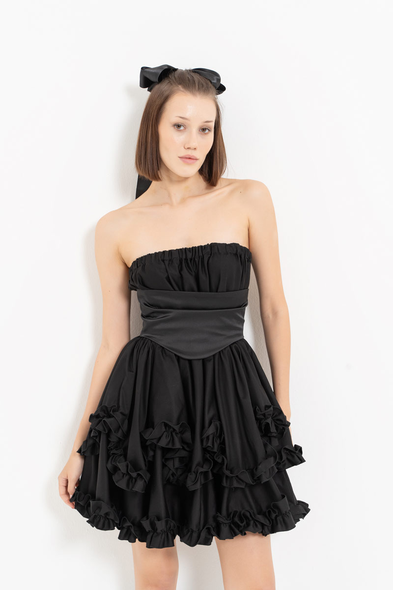 Black Corset-Accent Ruffle-Trim Tube Dress