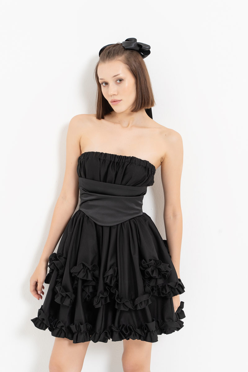 Black Corset-Accent Ruffle-Trim Tube Dress