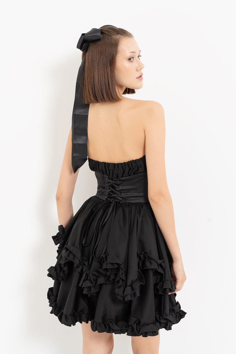 Black Corset-Accent Ruffle-Trim Tube Dress