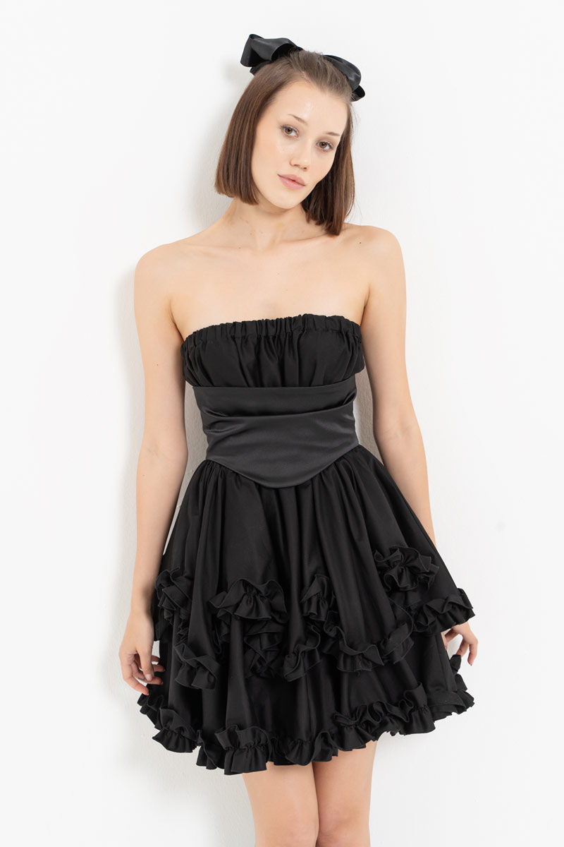 Black Corset-Accent Ruffle-Trim Tube Dress