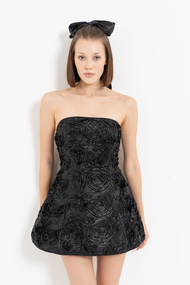 Black Rose-Accent Strapless Mini Dress