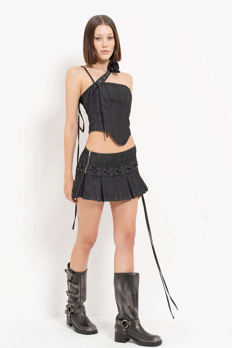 Dark Antrasit Eyelet-Accent Denim Bustier & Mini Skirt Set
