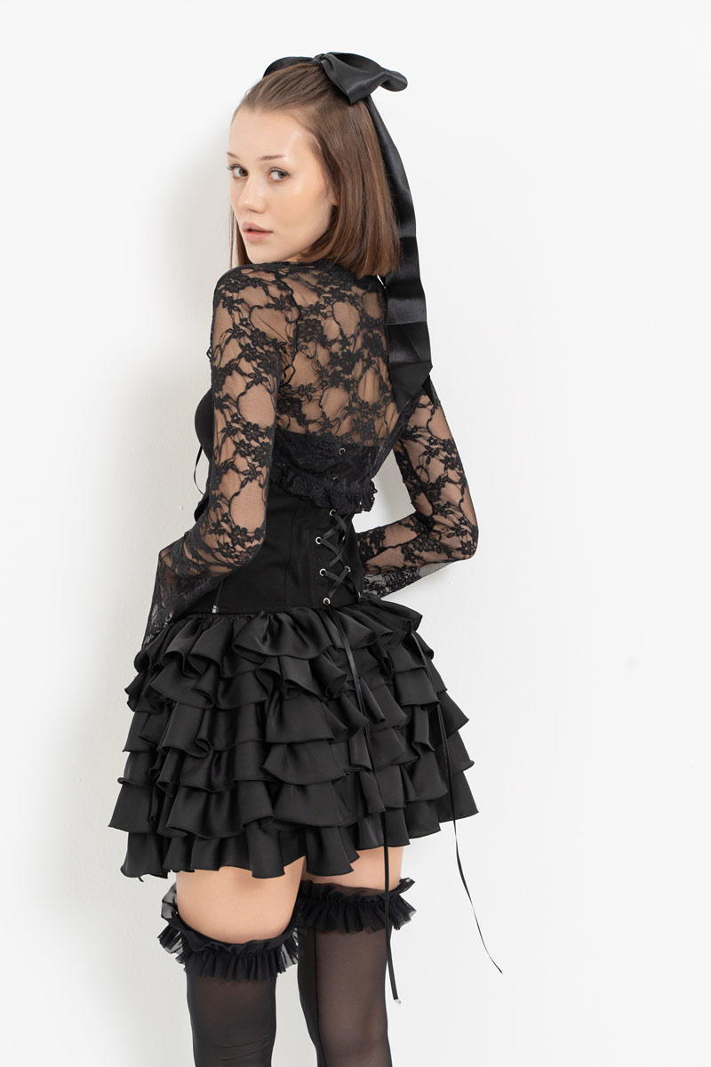 Black Lace Bolero & Eyelet Bustier & Skirt Set