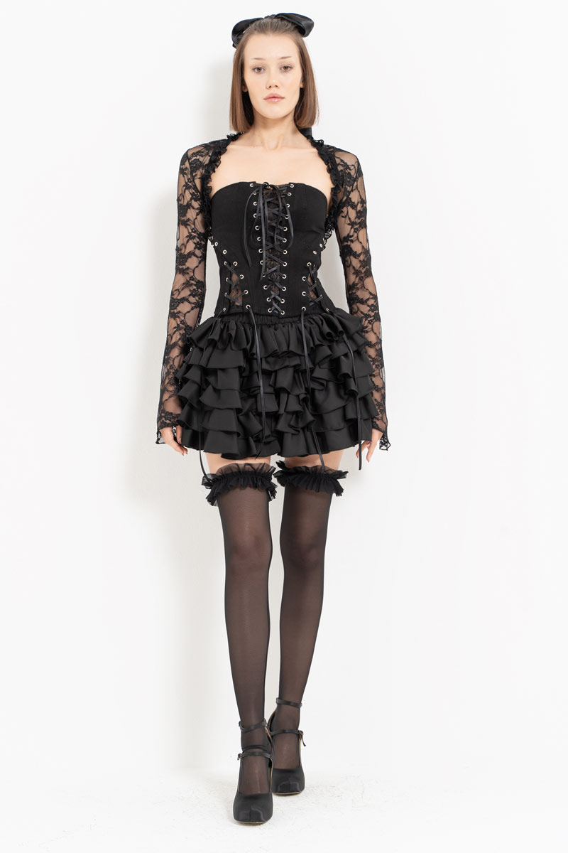 Black Lace Bolero & Eyelet Bustier & Skirt Set