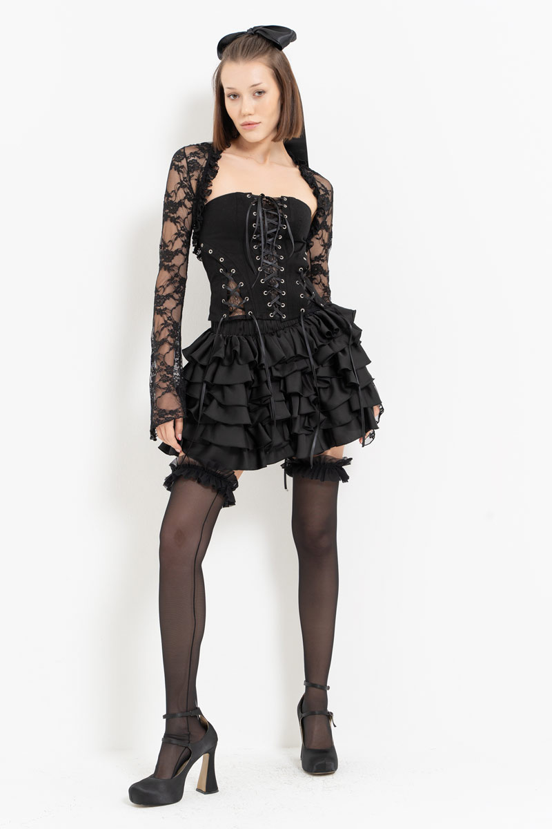 Black Lace Bolero & Eyelet Bustier & Skirt Set