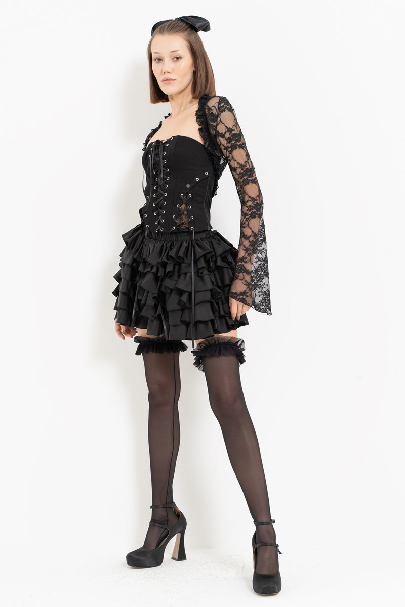 Black Lace Bolero & Eyelet Bustier & Skirt Set