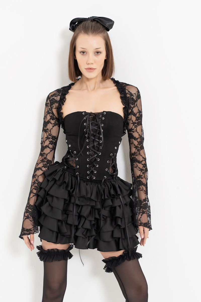 Black Lace Bolero & Eyelet Bustier & Skirt Set