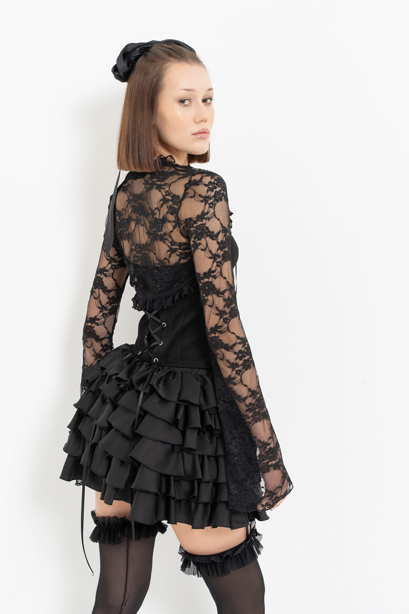 Black Lace Bolero & Eyelet Bustier & Skirt Set