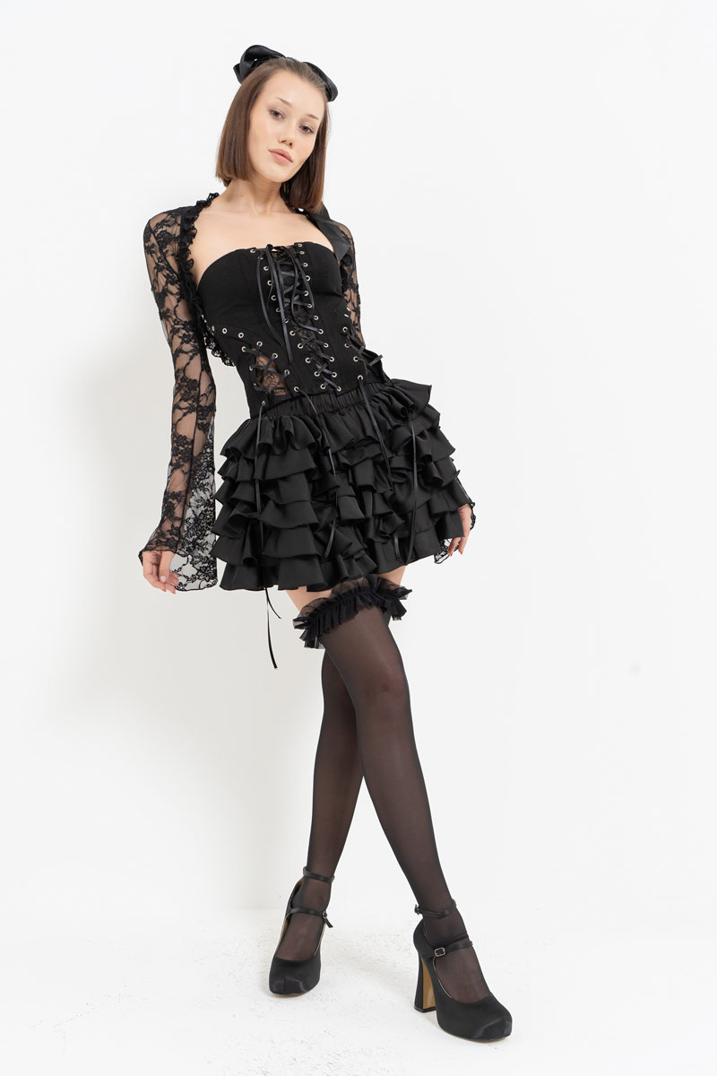 Black Lace Bolero & Eyelet Bustier & Skirt Set