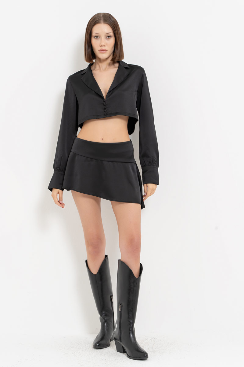 Black Button-Front Satin Crop Shirt & Skirt Set