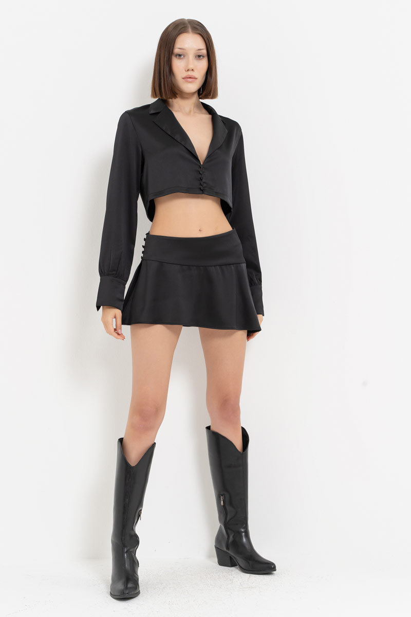 Black Button-Front Satin Crop Shirt & Skirt Set