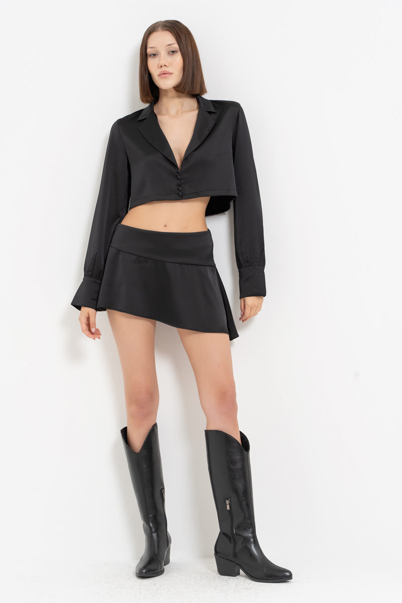 Black Button-Front Satin Crop Shirt & Skirt Set