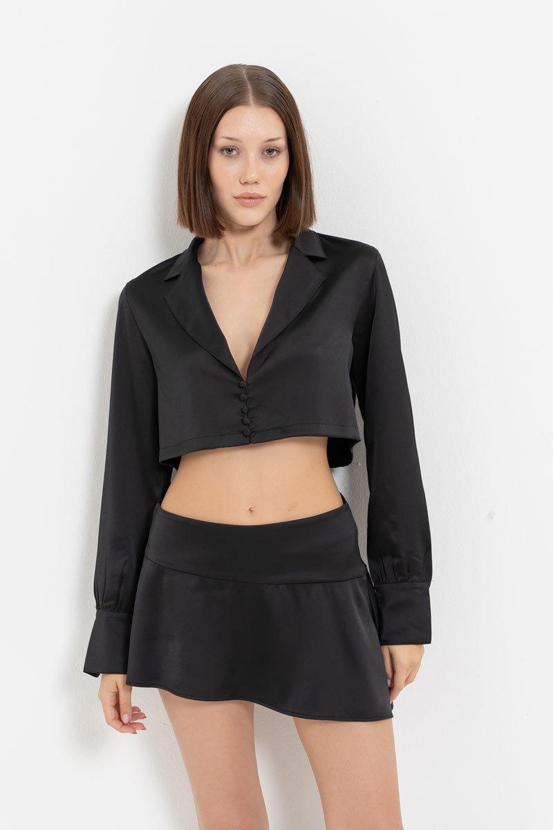 Black Button-Front Satin Crop Shirt & Skirt Set