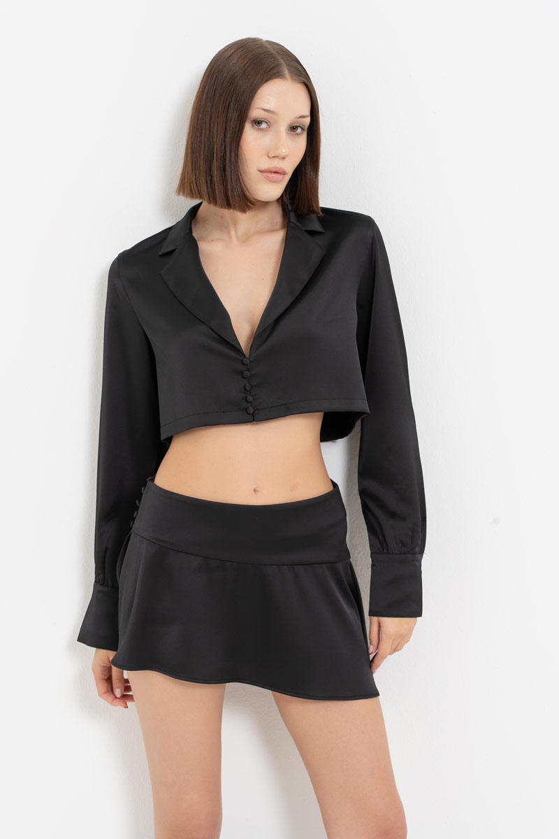 Black Button-Front Satin Crop Shirt & Skirt Set