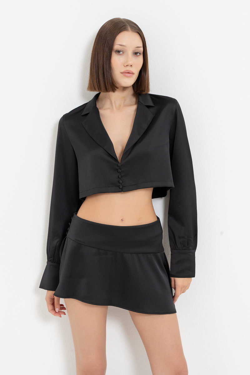 Black Button-Front Satin Crop Shirt & Skirt Set