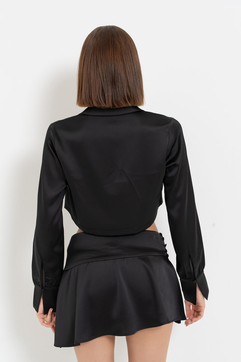 Black Button-Front Satin Crop Shirt & Skirt Set