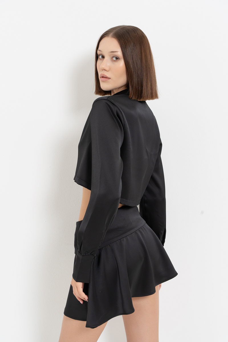 Black Button-Front Satin Crop Shirt & Skirt Set