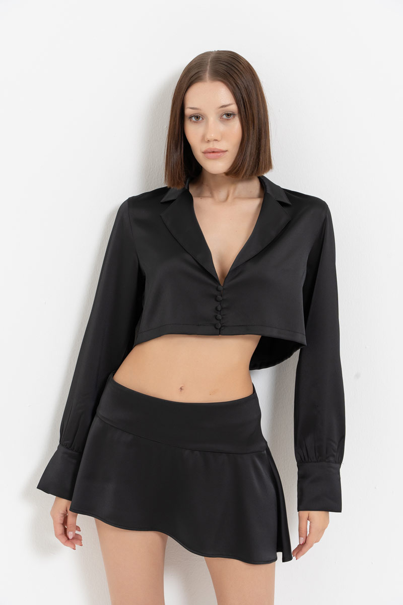 Black Button-Front Satin Crop Shirt & Skirt Set