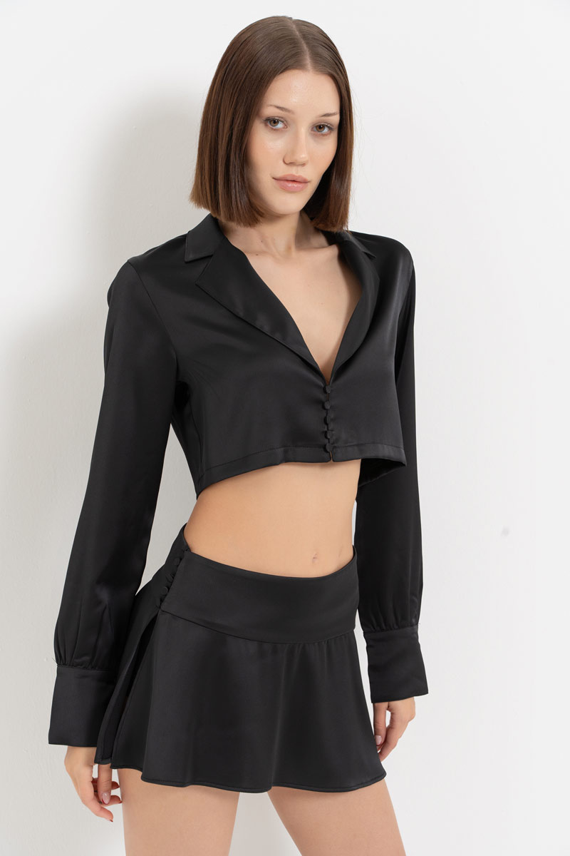 Black Button-Front Satin Crop Shirt & Skirt Set